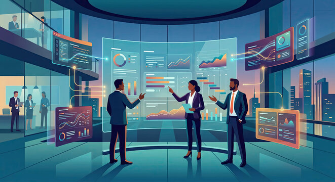 Business Professionals Analyzing Digital Data Dashboards In Modern Corporate Office Environment Illustration