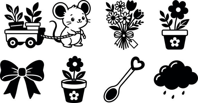 Cute mouse pulling cart with potted plants black and white vector icons collection including bouquet flower bow spoon and rainy cloud symbols