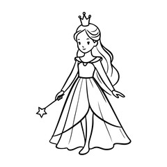 Dibujo sencillo con líneas de una niña de pie vestida con un disfraz de hada, con corona de princesa y varita mágica  © teracreonte