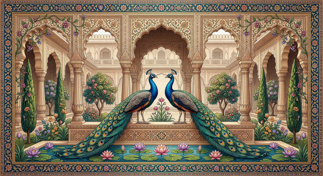 An ornate symmetrical palace gateway features two peacocks amidst lush gardens showcasing intricate detail on transparent background