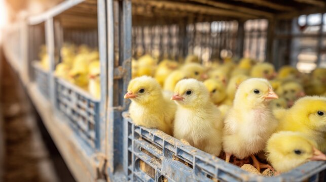 transportation of baby chicks in ventilated plastic crates on poultry farm, many fluffy yellow chicks visible, farming logistics concept, natural