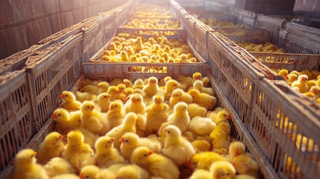 transportation of baby chicks in ventilated plastic crates on poultry farm, many fluffy yellow chicks visible, farming logistics concept, natural