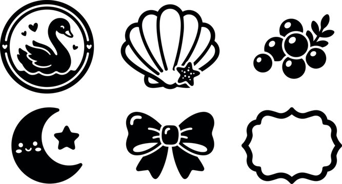 Minimalist black icons set with swan bird shell starfish berry moon bow and ornamental frame vector art