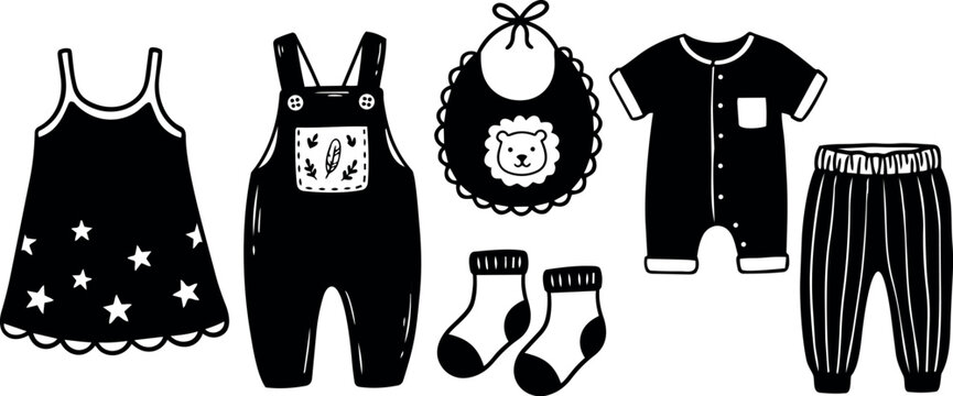 Black and white vector illustration of baby clothes set including dress socks bib romper and pants with cute patterns