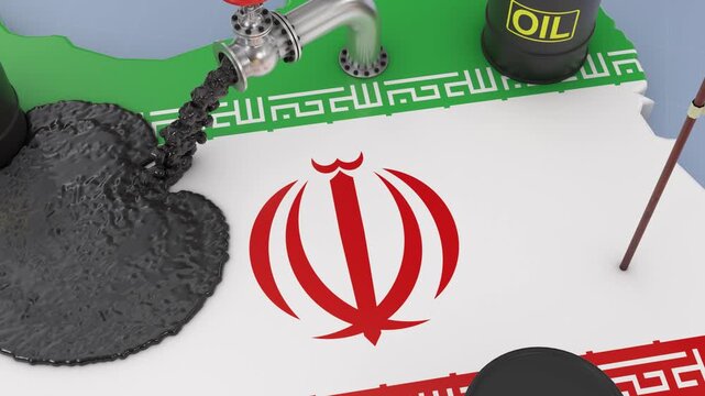 Animation of the concept of economic sanctions against Iran oil. The pipe from which oil is poured onto the map of Iran symbolizes the trade embargo and geopolitical crisis. 3D render.
