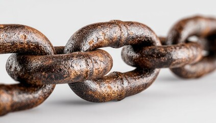 Fototapeta premium Close-up of a heavily rusted metal chain, links interlocked, against a white backdrop