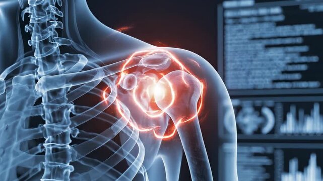 3D X-ray of human shoulder joint with glowing pain. Medical diagnosis, injury, arthritis, inflammation, and healthcare data concept.