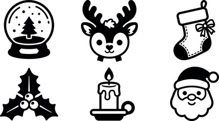Obraz premium Black and white flat design christmas icons including snow globe tree reindeer head christmas stocking holly candle and santa face