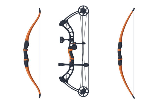 Traditional recurve and modern compound bows displayed side by side on white background