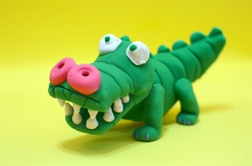 Fototapeta premium Cute plasticine crocodile clay animal character green body pink nose isolated on solid background minimalist design