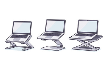 Three different laptop stands with laptops on a white background