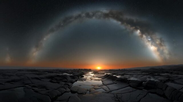 溶岩原の上に銀河の弓が架かる夜景