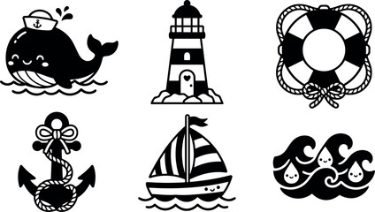 Naklejka premium Cute whale wearing sailor hat smiling with nautical lighthouse anchor sailboat waves and lifesaver black silhouette vector icons set