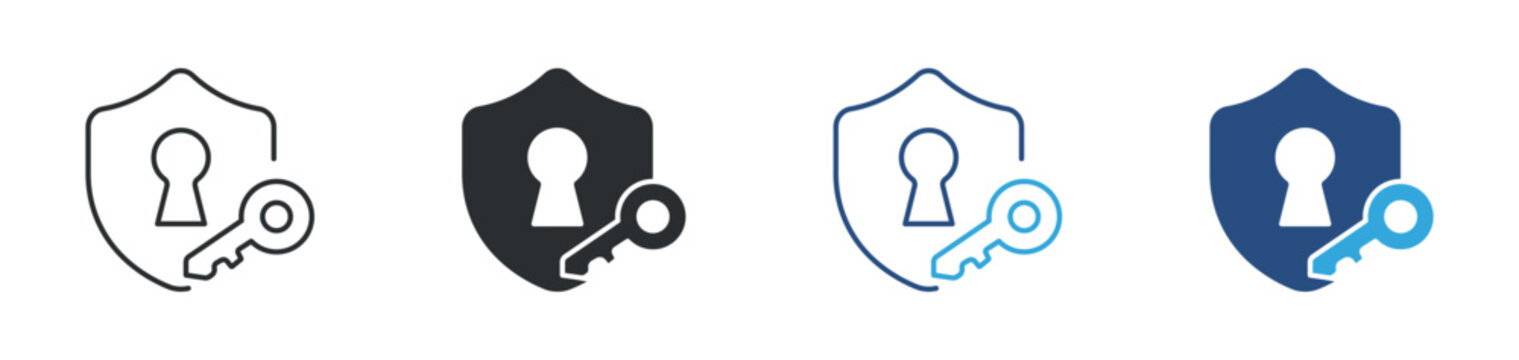Shield key security icon set, protection lock shield icon. Cyber security protection concept. Secure access system symbol. Vector illustration.