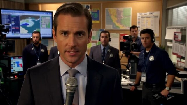 News reporter speaking live on air in a weather center