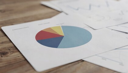 Focused view of a conservative investment pie chart slice prominently displayed on a wooden table with gently blurred diversification strategy sheets beneath.