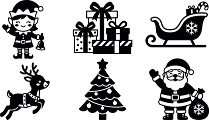 Obraz premium Christmas holiday icons set with elf ringing bell reindeer sleigh santa claus and decorated tree in black flat design
