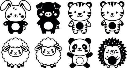 Fototapeta premium Cute black and white cartoon animals set including rabbit pig tiger sheep panda and hedgehog in simple minimal vector style