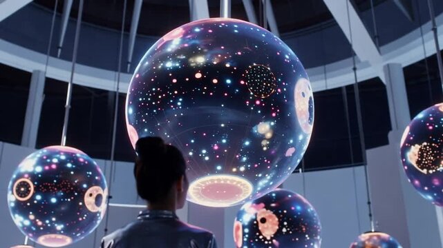 Person viewing glowing planetary orbs in a futuristic indoor setting