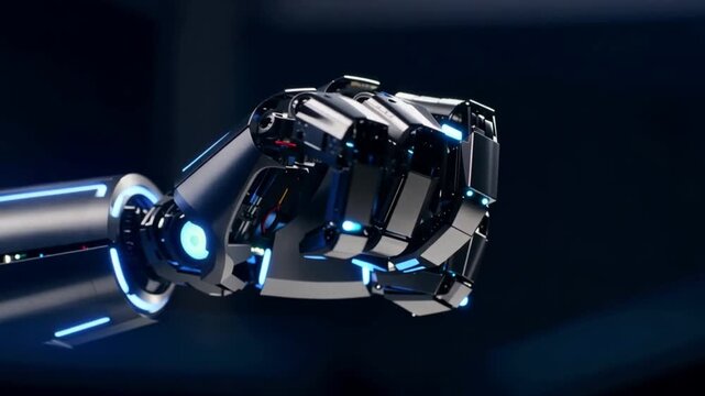 Robotic hand with blue lights extending from metal arm in dark room