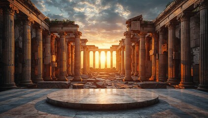 Obraz premium Ancient Ruins at Sunset with Dramatic Sky and Crumbling Columns