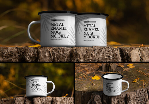 3 Metal Enamel Mug Mockup on the Outdoor