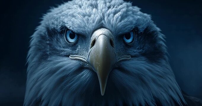 Close-up of a majestic eagle head with intense blue eyes and detailed feathers.
