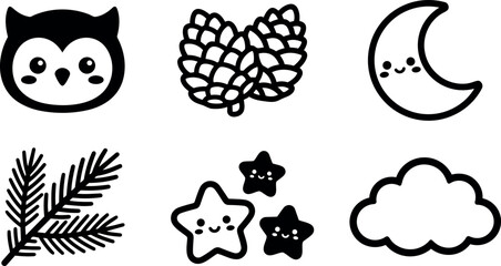 Obraz premium Cute cartoon black owl face pine cones crescent moon smiling stars cloud outline vector icons set