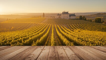 Obraz premium Serene Vineyard Landscape with Golden Hills and Chateau at Sunset