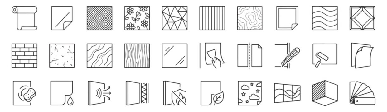 Wallpaper wallcovering doodle collection with clean outline style. Roll, floral pattern, brick texture, glue roller, cutting knife, removable sheet. Interior decoration elements for home renovation.