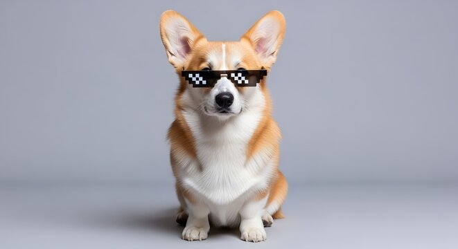 A charismatic Pembroke Welsh Corgi dog confidently models humorous pixelated sunglasses, showcasing delightful swagger in a bright studio