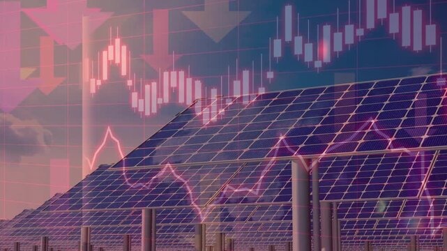 The market, economy, and solar energy stocks collapsed, with financial charts showing red downwards and arrows indicating the direction.