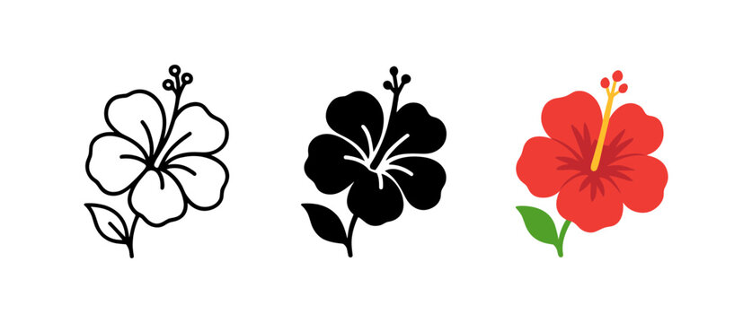 Floral hibiscus designs: outline, silhouette, and colorful variants