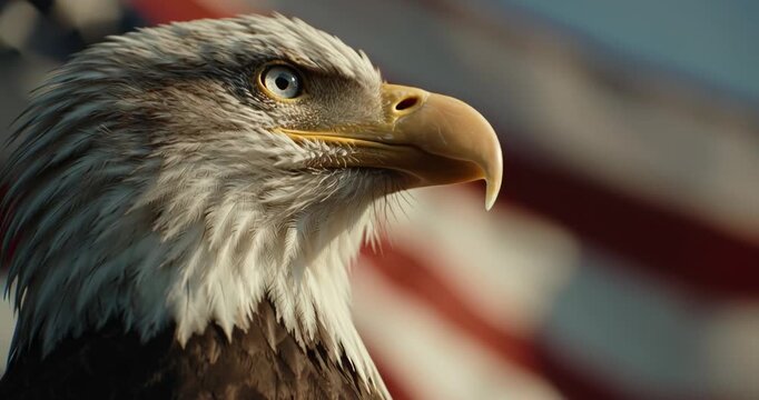 Close-up of a majestic bald eagle with American flag in the background.