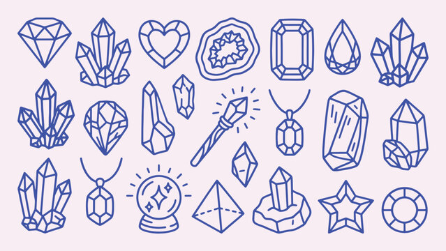 Crystal gemstone doodle collection with clean outline style. Diamond, quartz cluster, magic wand, crystal ball, pendant, pyramid, star gem.