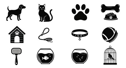 Fototapeta na wymiar Black and white pet icons set including dog cat bird fish accessories and home