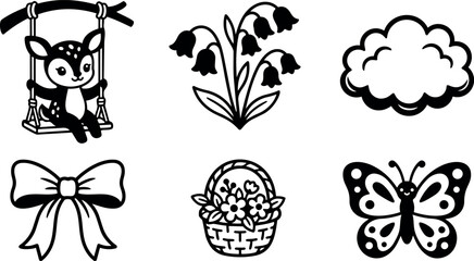 Naklejka premium Black and white line art baby deer swinging flower bell bouquet basket and butterfly vector set