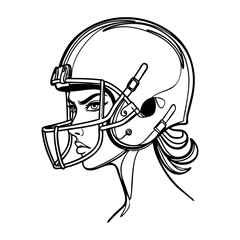 Logo fútbol americano femenino. Icono con cabeza de chica joven con casco de fútbol americano © teracreonte