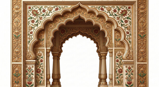 An intricately detailed ornate mughal archway with floral patterns a golden hue on transparent background high-quality professional