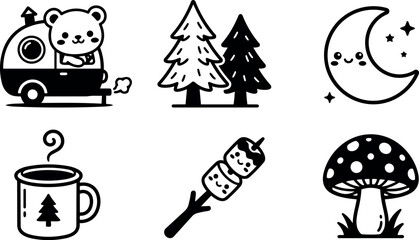 Cute bear driving campervan camping under pine trees with smiling moon hot coffee and marshmallow skewer vector art