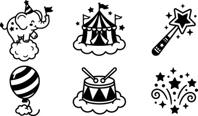 Fototapeta premium Black and white circus themed icons including elephant on cloud drum balloon star wand tent and fireworks set