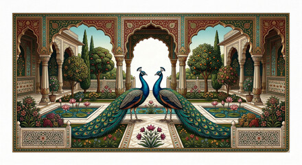Fototapeta premium An ornate moorish archway scene featuring two peacocks amidst lush gardens on transparent background high-quality professional detailed