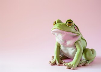 Obraz premium Cute green plasticine frog character with pink accents clay animal toy isolated on white background minimalist design