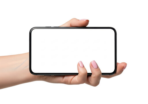 macro close-up of a fair-skinned female hand with soft pink gel nails holding a black smartphone horizontally, transparent screen and background. concept for digital advertising mockups