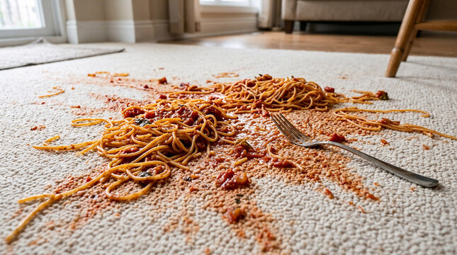 Spilled spaghetti with tomato sauce on light carpet