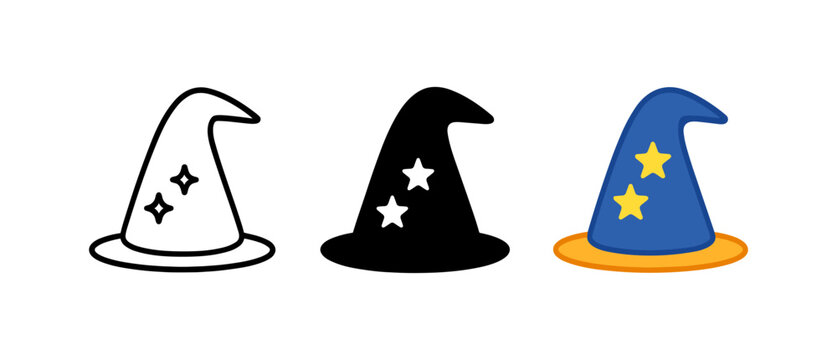 Colorful wizard hats with stars: flat design collection