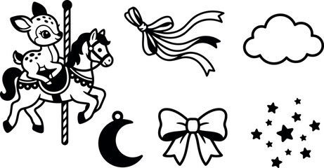 Naklejka premium Black and white flat design carousel deer riding horse with bow ribbon moon stars and cloud icons set