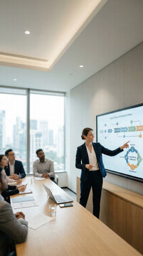 Business Presentation And Corporate Strategy Meeting With Digital Display In Modern Office Conference Room
