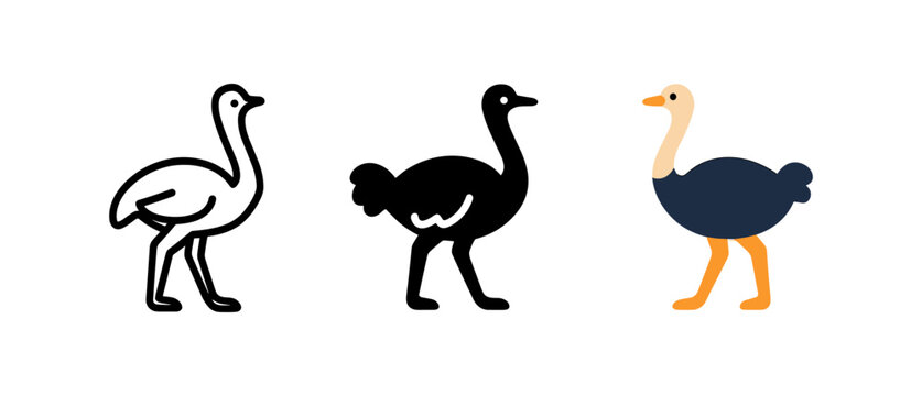 Stylized ostrich icons in minimalist and colored designs