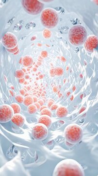 3D rendering of red blood cells flowing through a translucent blood vessel.